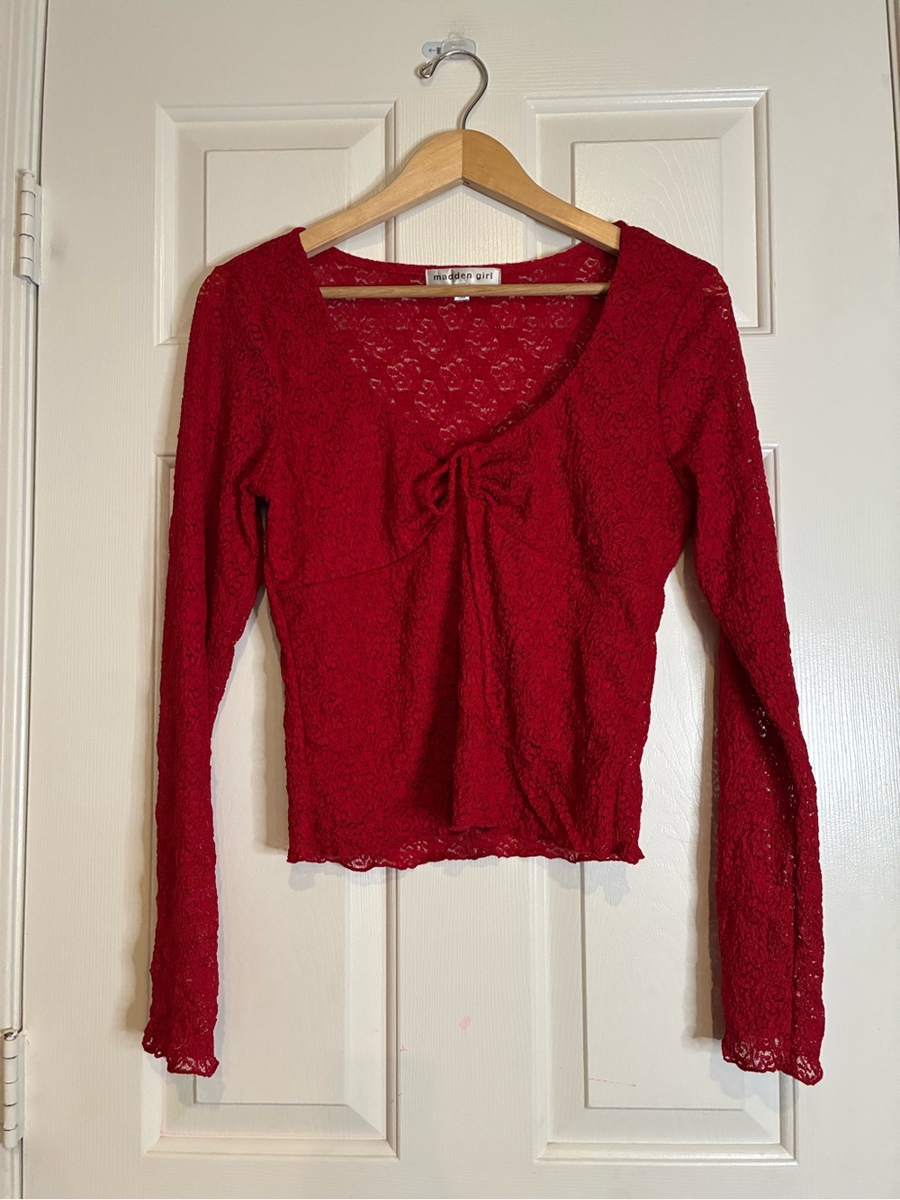Madden Girl Crimson Lace Long-Sleeve Tie-Front Top